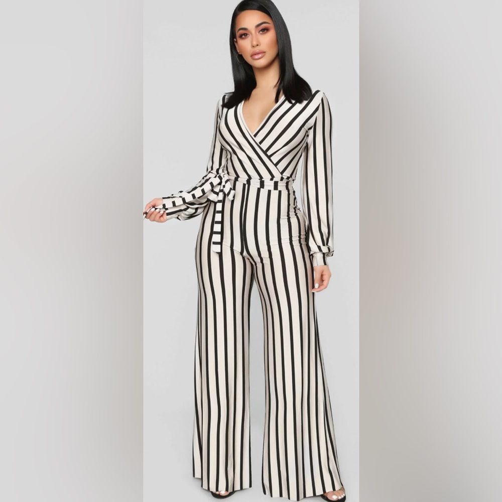 Wide leg belted Striped Jumpsuit
